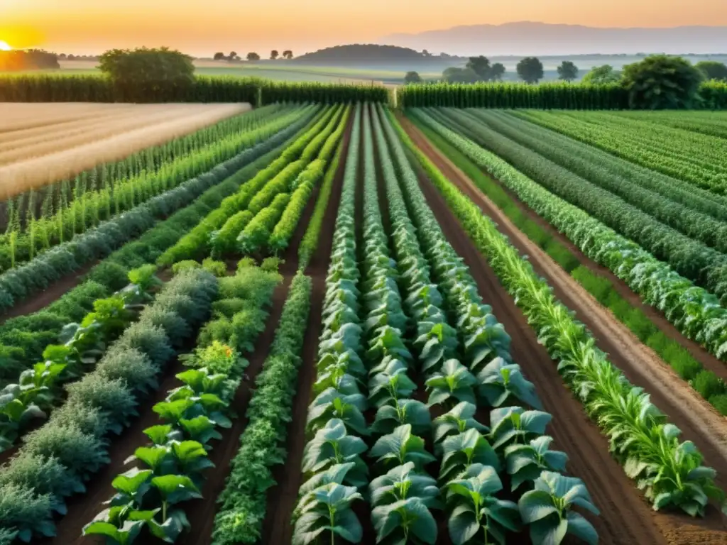 Sistemas agroecológicos con cultivos anuales y perennes en una granja exuberante, armoniosa y productiva, bañada por la cálida luz del atardecer