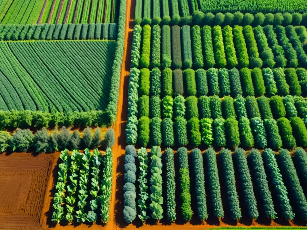 Sistemas agroecológicos: cultivos anuales y perennes en armonía, en una granja exuberante con red de raíces y serena neblina