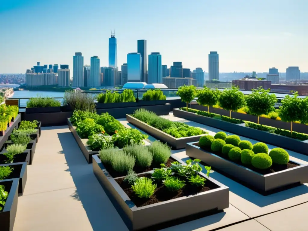 Sistemas agroforestales en espacios urbanos: Jardín urbano moderno con cultivos en filas ordenadas en cajas elevadas, bañado por cálida luz solar