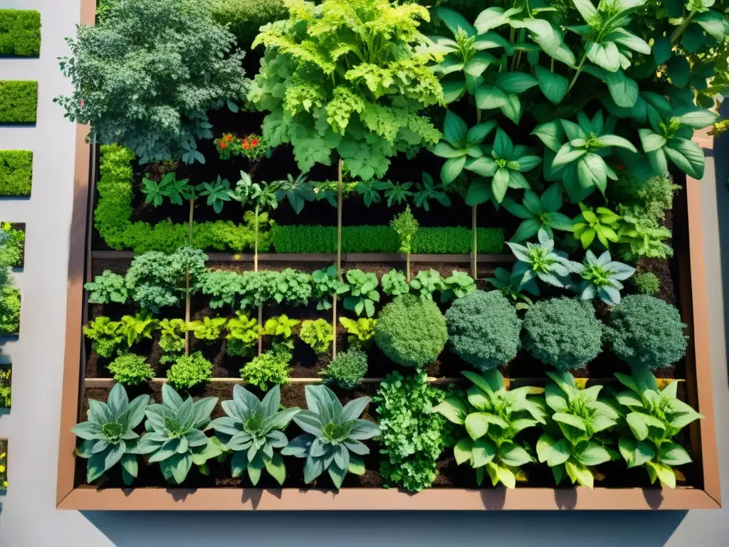 Sistemas agroforestales en espacios urbanos: Fotografía detallada de un jardín urbano con árboles, arbustos y cultivos en camas elevadas, mostrando la armoniosa convivencia de especies en un espacio limitado