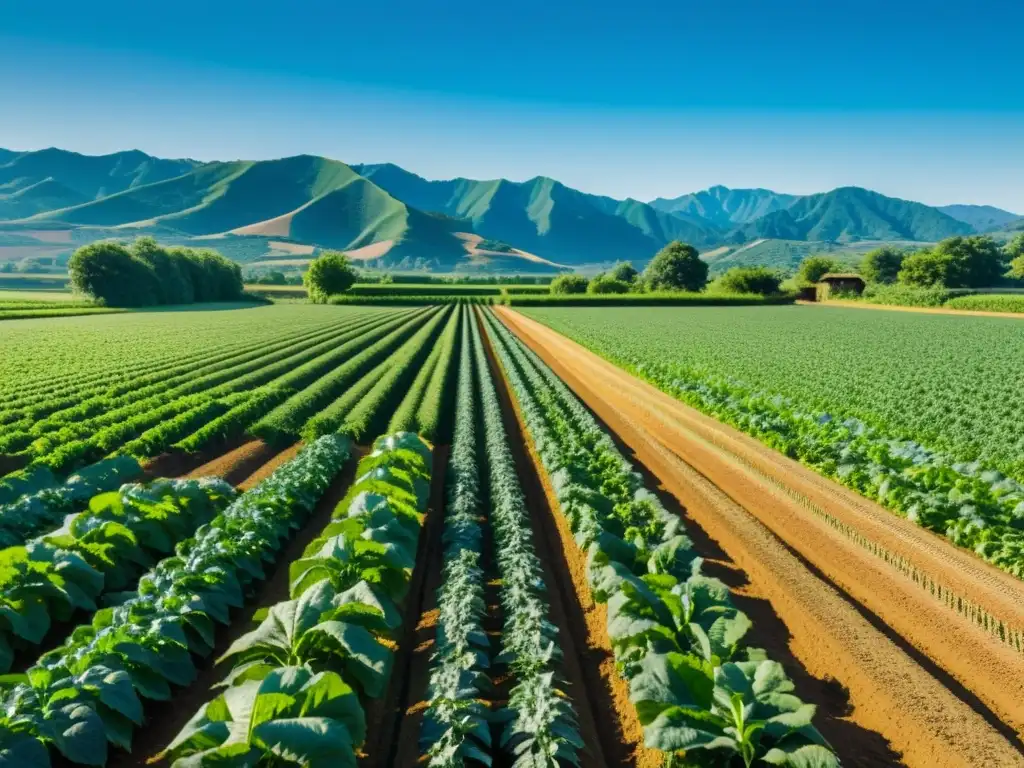 Sistemas de certificación en agricultura orgánica: hermosa granja verde con cultivos ordenados bajo cielo azul despejado