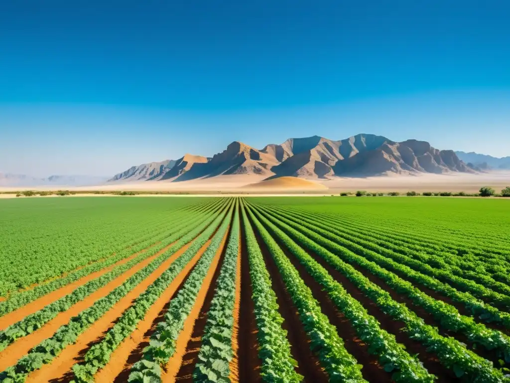 Sistemas orgánicos de riego eficiente en campo verde, contrastando con paisaje árido, destacando la agricultura sostenible