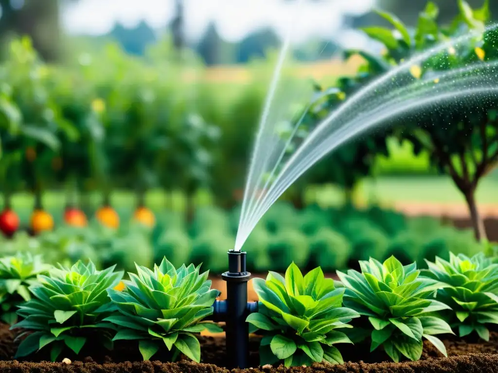 Sistemas de riego inteligente orgánico en un jardín exuberante y vibrante, fusionando tecnología y naturaleza