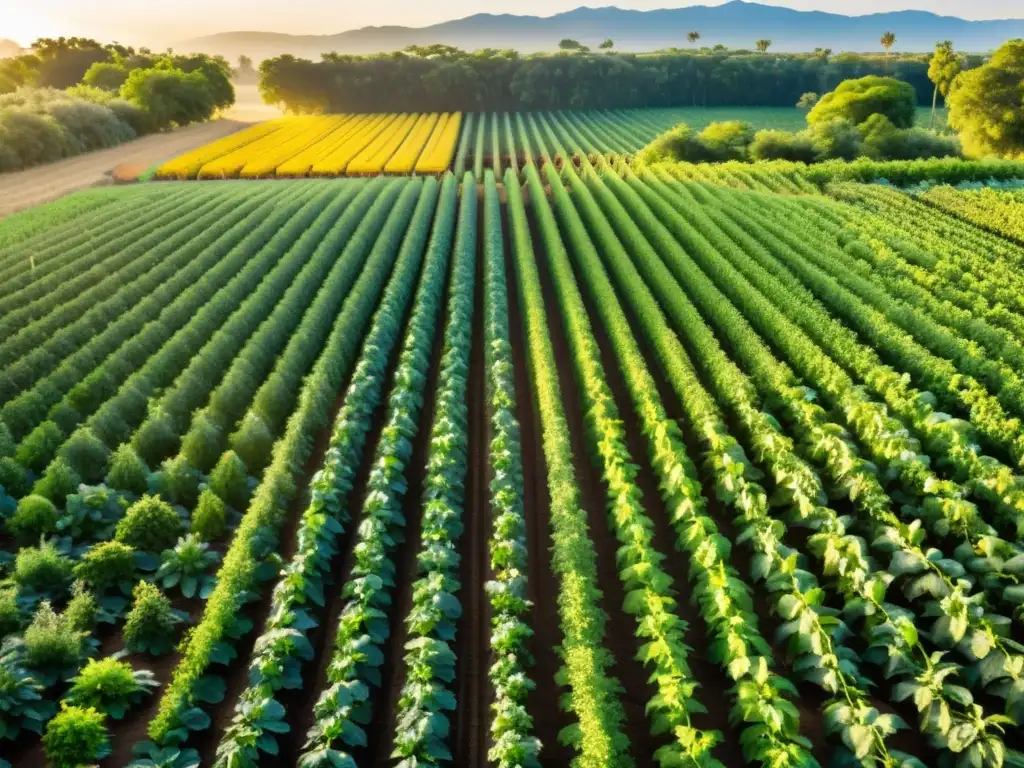 Sistemas de riego sostenibles agroforestería: Paisaje exuberante con cultivos variados, bañado por cálida luz dorada y suaves brisas