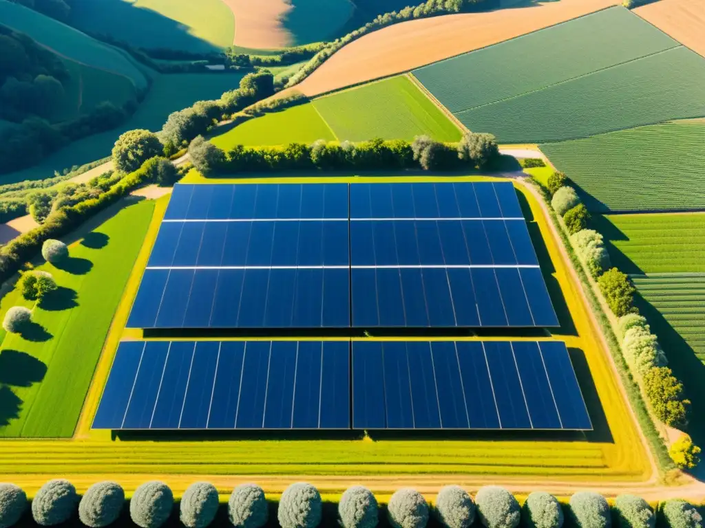 Sistemas solares y eólicos en granja orgánica: modernos paneles solares en paisaje orgánico, reflejando luz y sostenibilidad