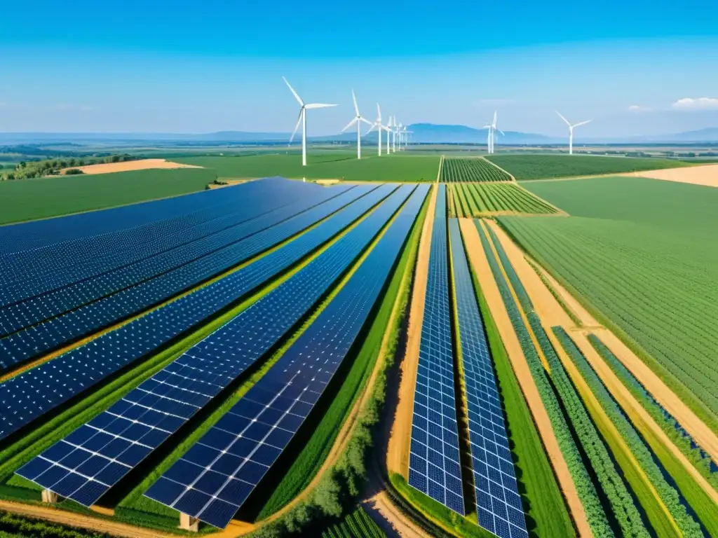 Sistemas solares y eólicos en granja orgánica: vista panorámica de cultivos ordenados, paneles solares y molinos de viento en armonía sostenible