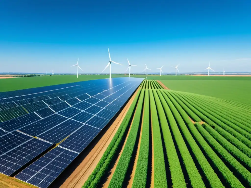 Sistemas solares y eólicos en granja orgánica: filas de cultivos verdes, paneles solares relucientes, molino eólico girando bajo el sol