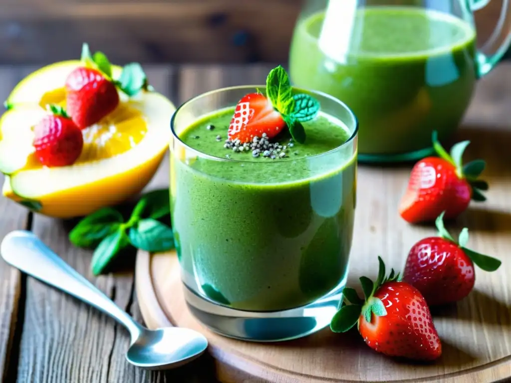 Un smoothie orgánico energético con frutas y verduras frescas en un vaso de cristal, rodeado de ingredientes coloridos y una luz brillante