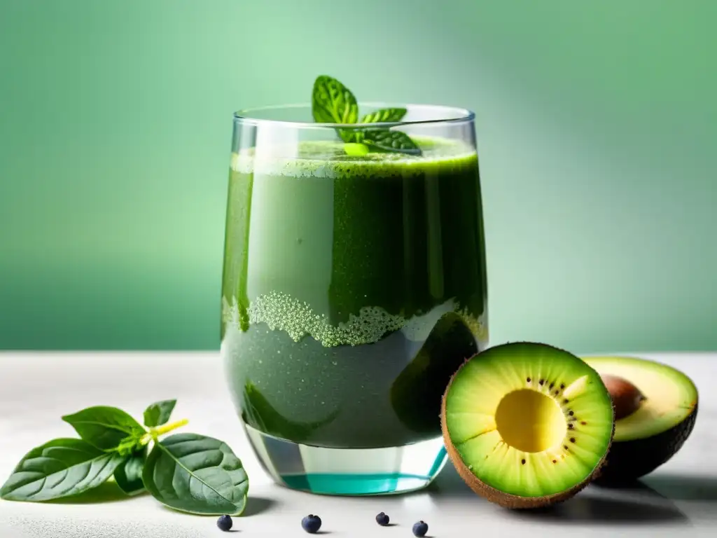 Un smoothie verde vibrante con ingredientes orgánicos, kiwi y chía, iluminado suavemente