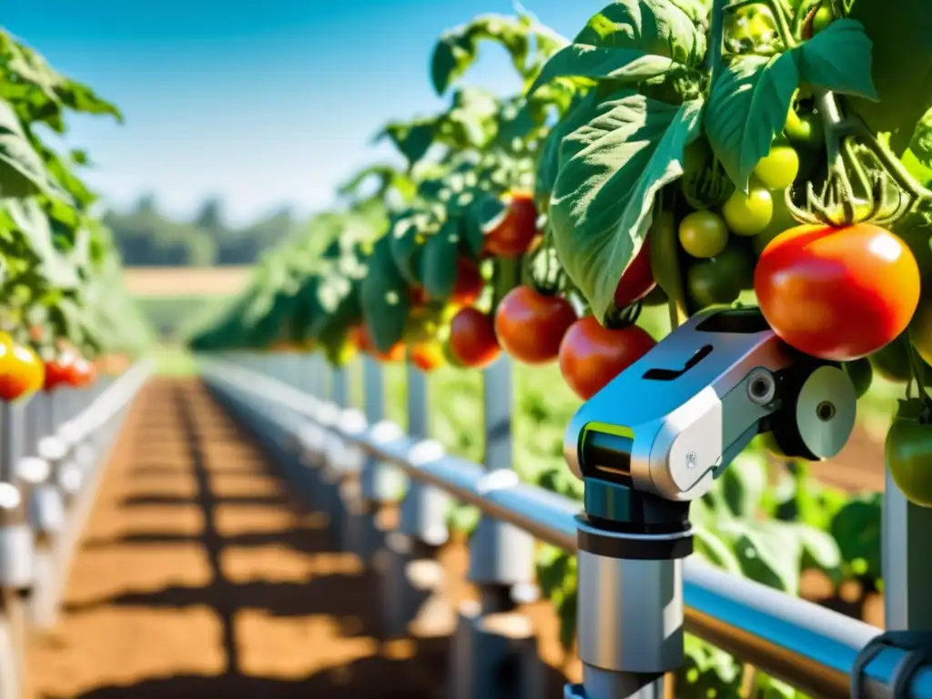 Un robot agrícola orgánico y sostenible recolecta tomates maduros en un entorno natural, fusionando tecnología y naturaleza