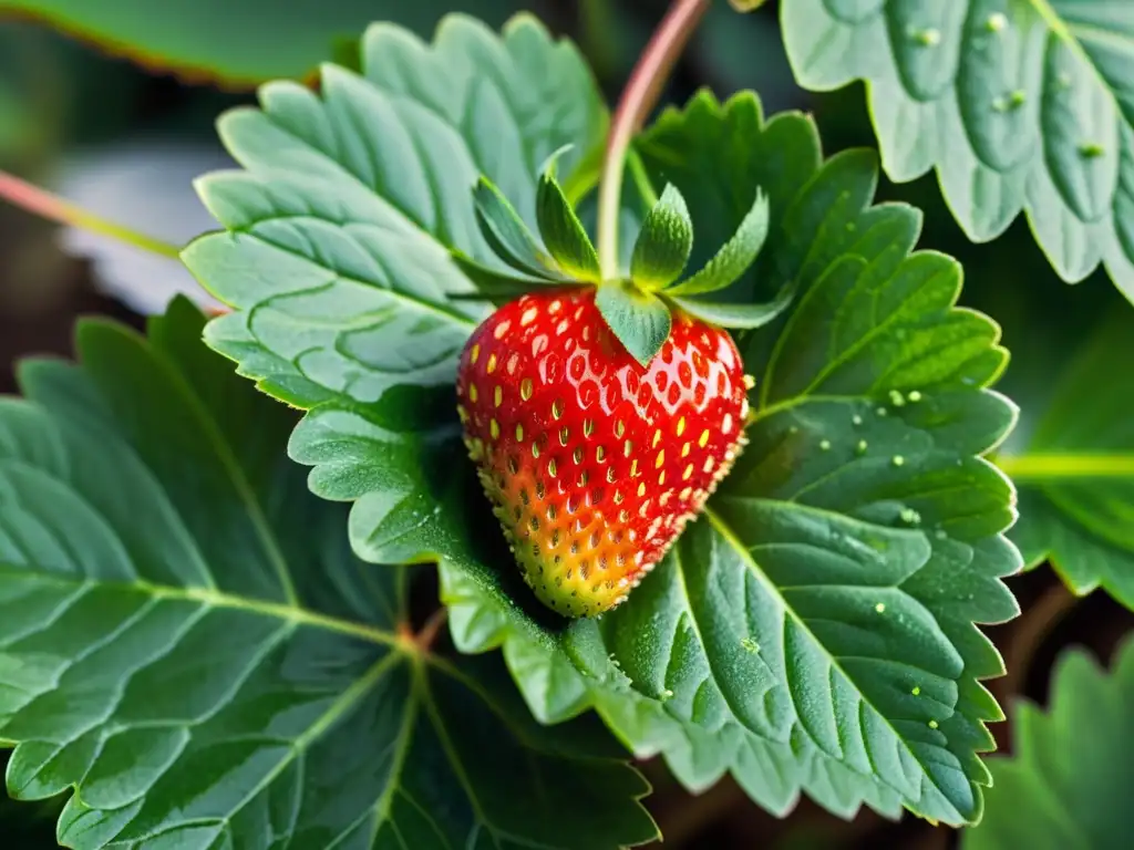 Una suculenta fresa madura sobre hojas verdes, reflejando su belleza natural y calidad orgánica