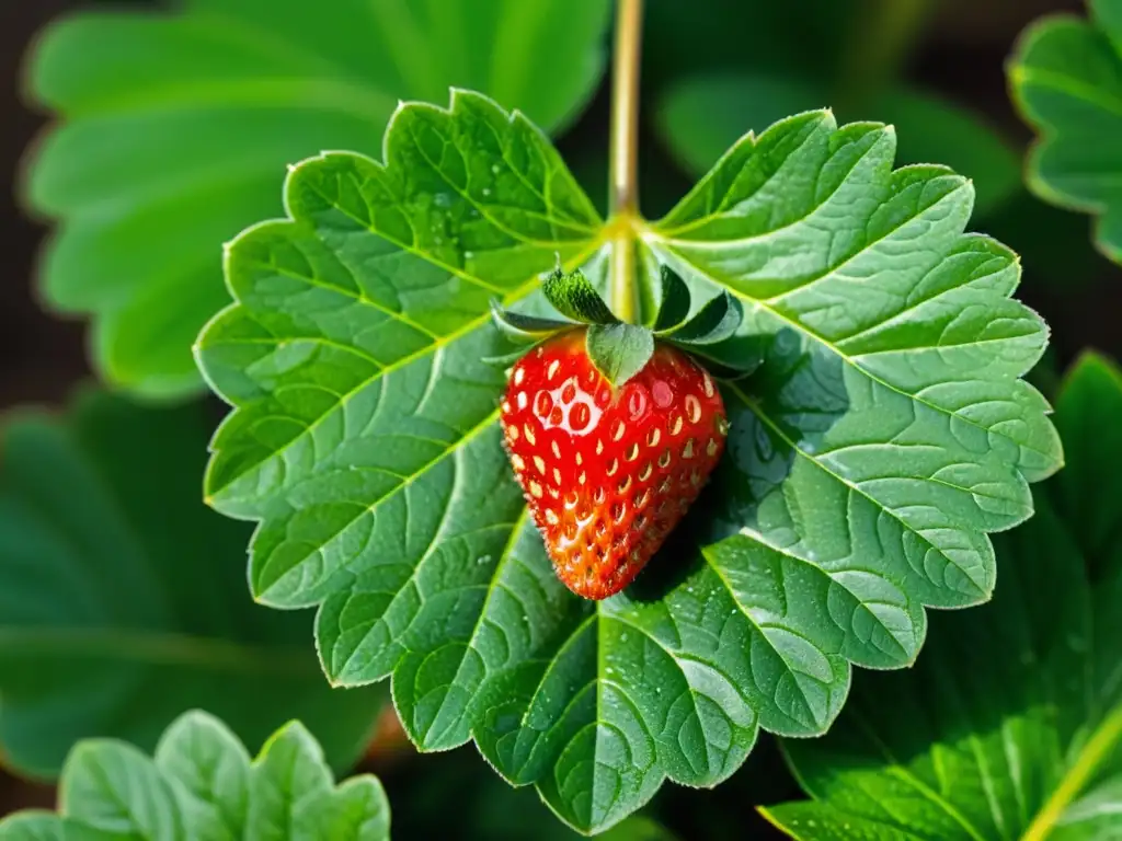 Una suculenta fresa orgánica reposa sobre hojas verdes exuberantes, resaltando sus beneficios y calidad natural para un sueño reparador