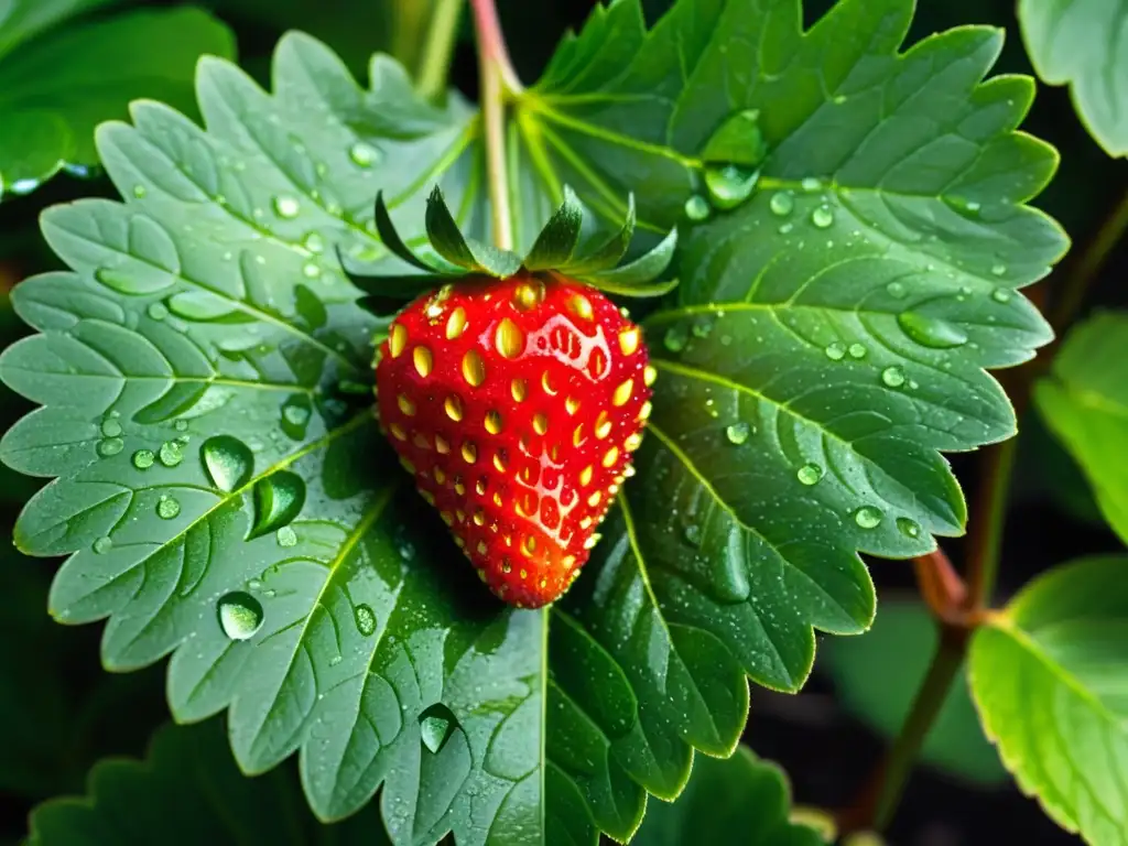 Una suculenta fresa roja cubierta de gotas de agua, sobre hojas verdes, evocando alimentos orgánicos y estrés oxidativo