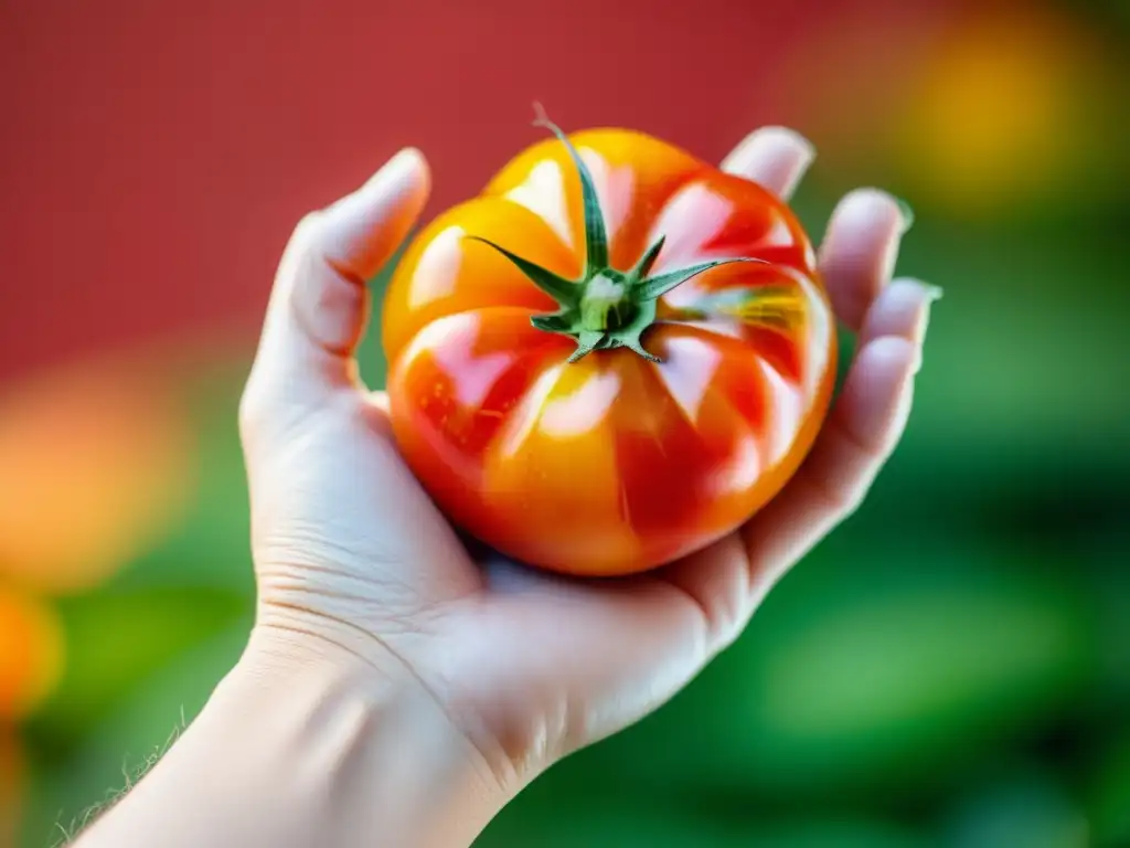 Una suculenta, hermosa tomate heirloom sostenido en la palma de una mano, destacando su forma única y piel colorida