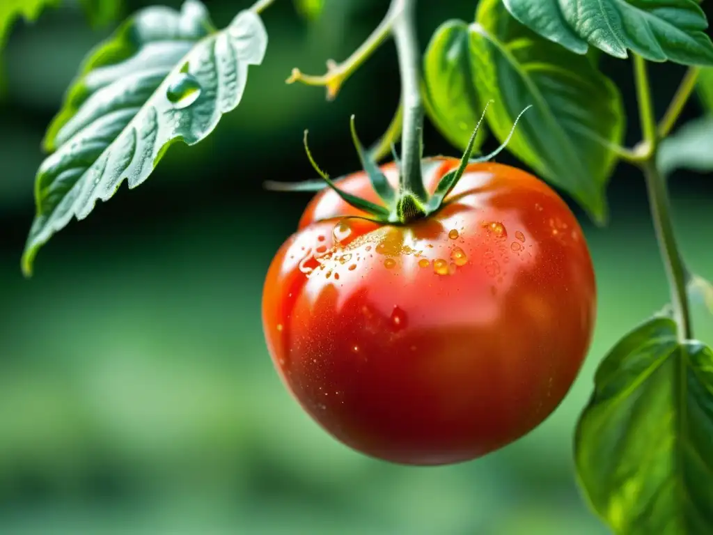 Una suculenta y madura tomate orgánico, reflejando la luz del sol entre hojas verdes, con impacto positivo en la salud