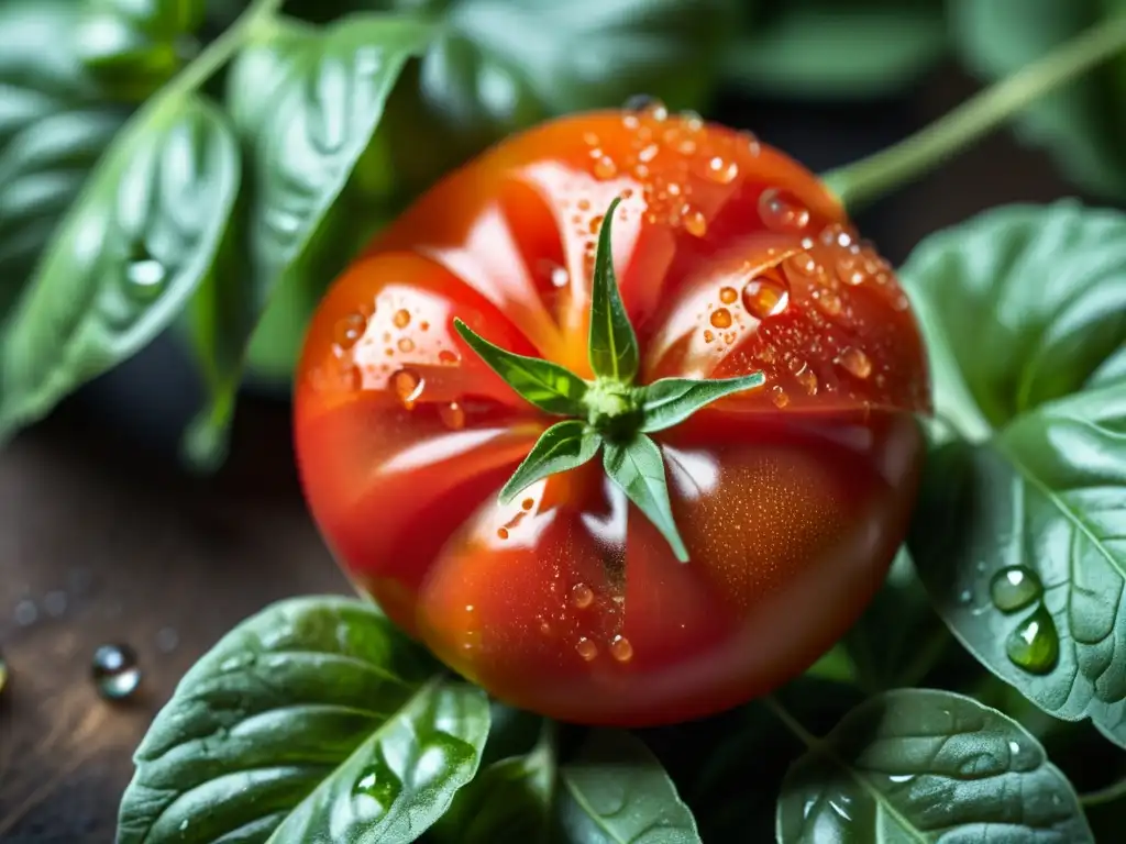 Una suculenta y madura tomate rojo sobre hojas verdes de albahaca, con gotas de agua brillando