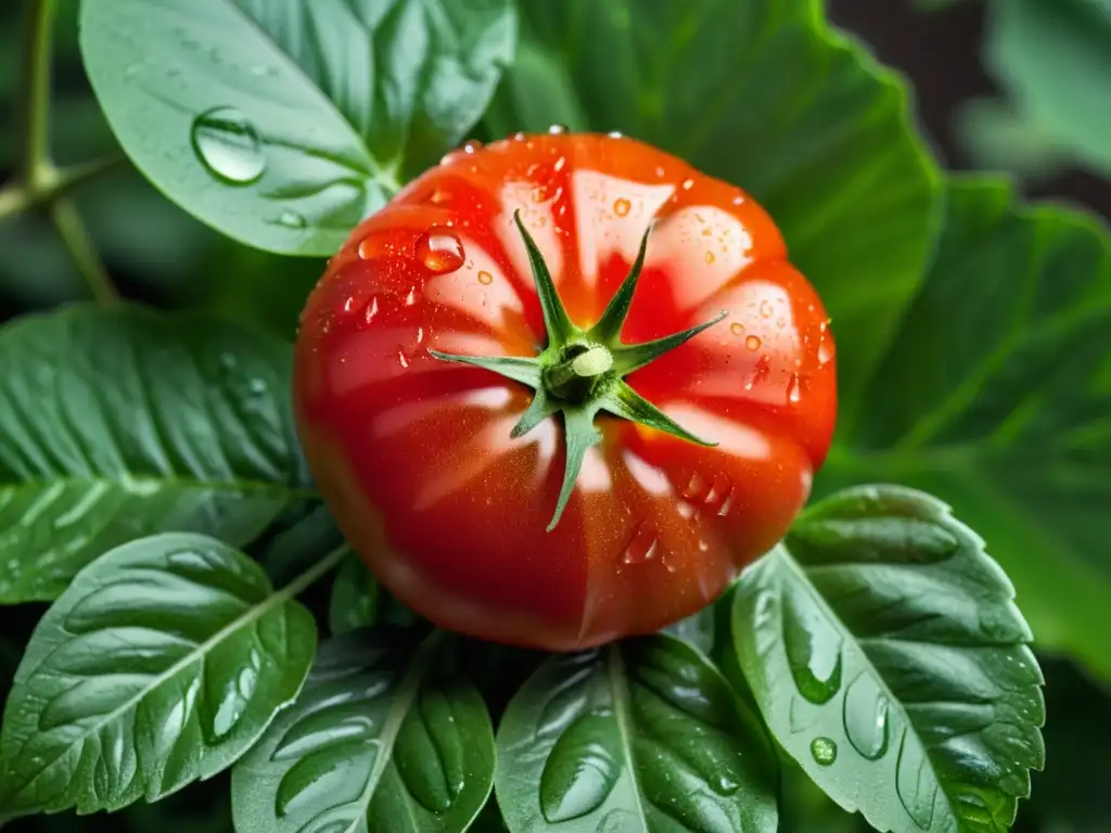 Una suculenta y madura tomate rojo orgánico sobre hojas verdes, con gotas de agua, evocando los estándares de seguridad en alimentos orgánicos