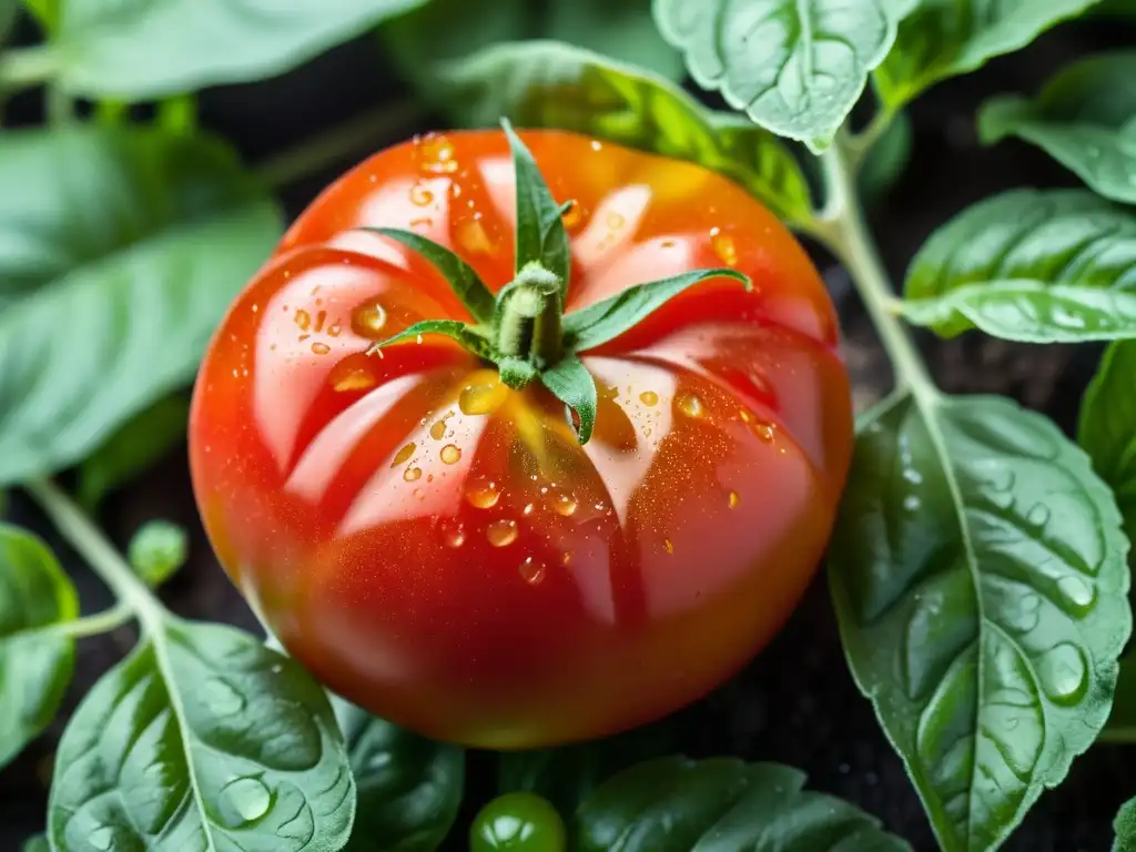 Una suculenta tomate orgánico descansa sobre hojas verdes de albahaca, iluminado por el cálido sol