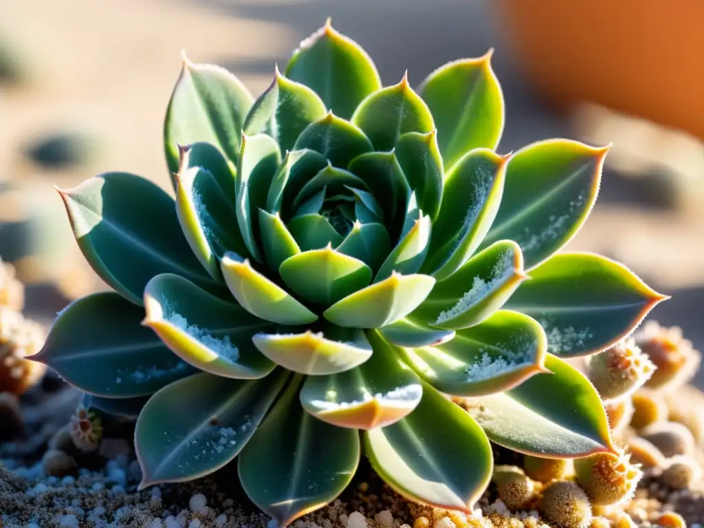 Una suculenta verde vibrante crece en suelos salinos costeros, destacando la belleza y la fortaleza del cultivo orgánico en ambientes desafiantes