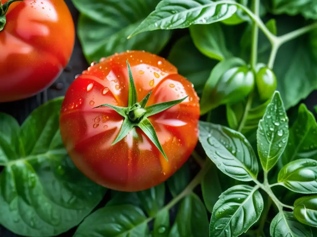 Una suculenta y vibrante imagen de un tomate orgánico recién cosechado sobre hojas verdes