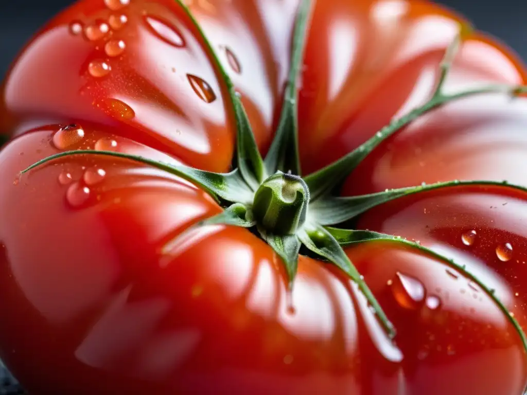 Una suculenta y vibrante tomate orgánico recién cosechado con gotas de agua, perfectamente simétrico y de intenso color rojo