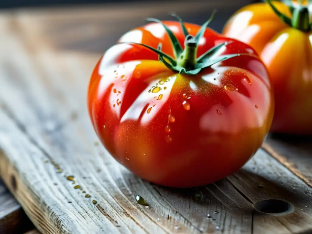 Una suculenta y vibrante tomate orgánico reposa sobre una tabla rústica de madera, evocando la gastronomía orgánica de chefs pioneros