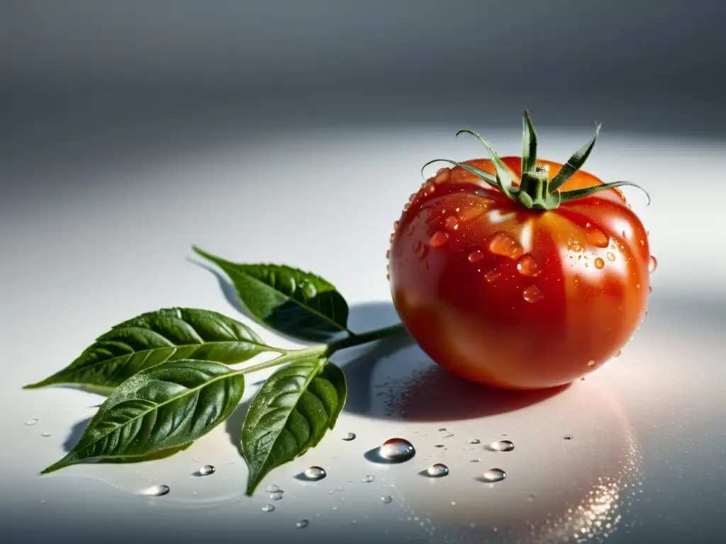 Una suculenta y vibrante tomate rojo con gotas de agua sobre su piel, rodeado de hojas verdes, iluminado suavemente