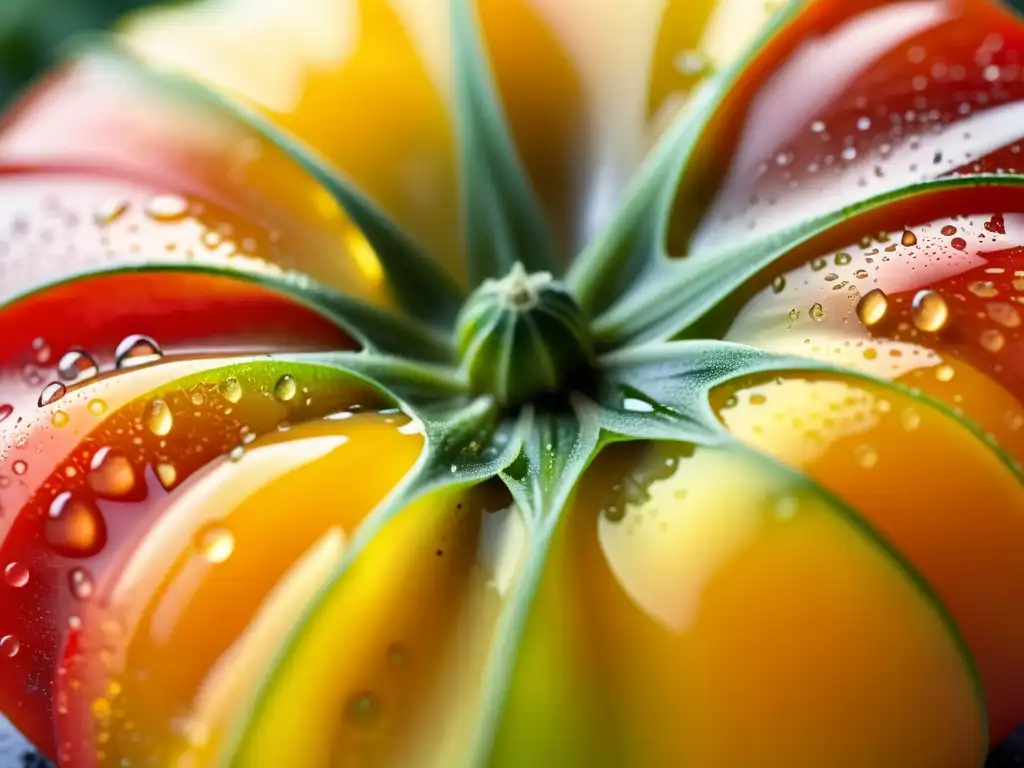 Una suculenta y vibrante variedad de tomate recién cosechado, cubierto de gotas de agua, reflejando la luz natural