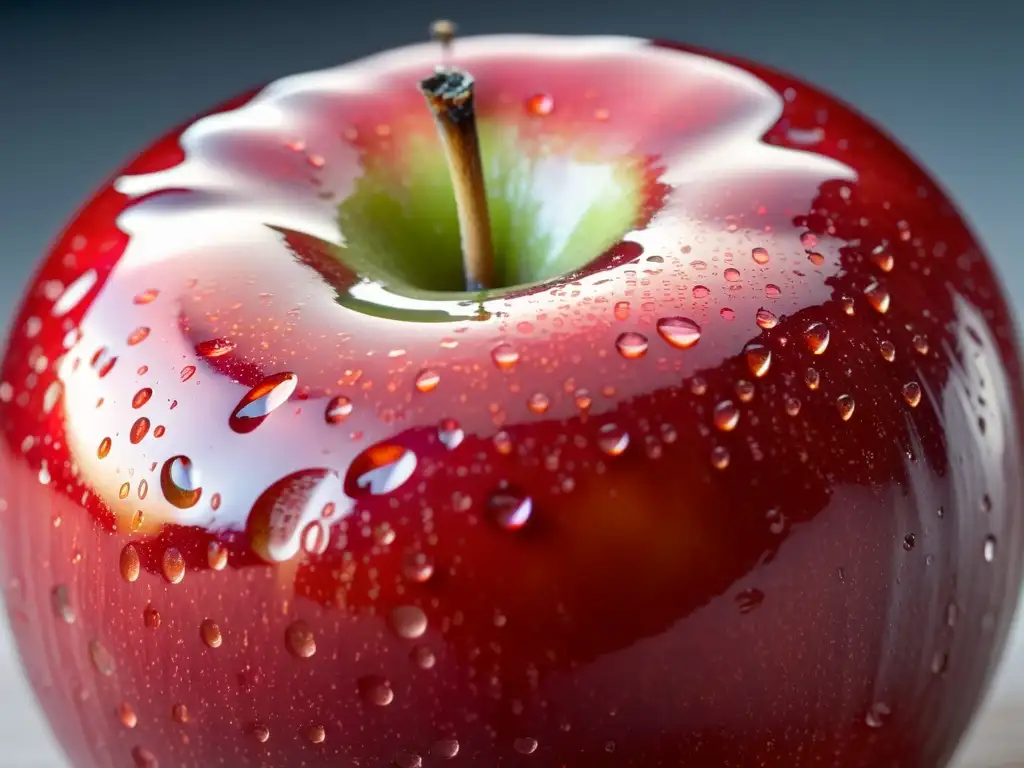 Un suculento y detallado primer plano de una manzana orgánica con gotas de agua brillando en su piel suave y vibrante