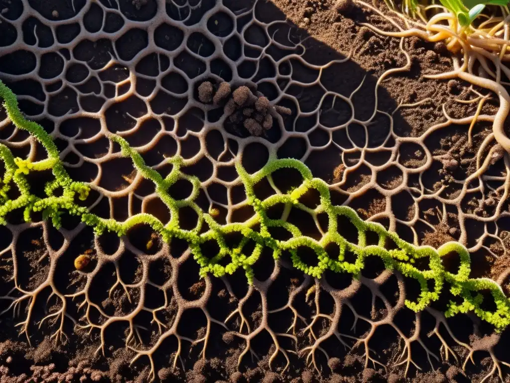 Biodiversidad en suelo de agricultura orgánica: vida en red, rica y vibrante bajo el cálido sol dorado