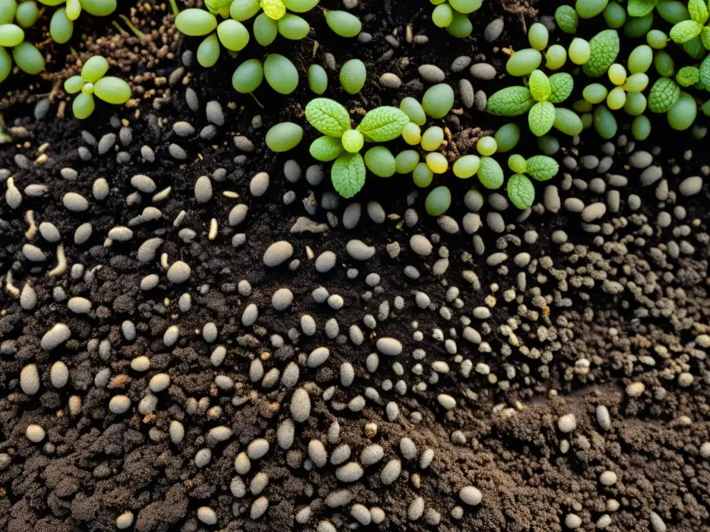 Biodiversidad en suelo de agricultura orgánica: rico y oscuro sustrato rebosante de vida microscópica y raíces entrelazadas