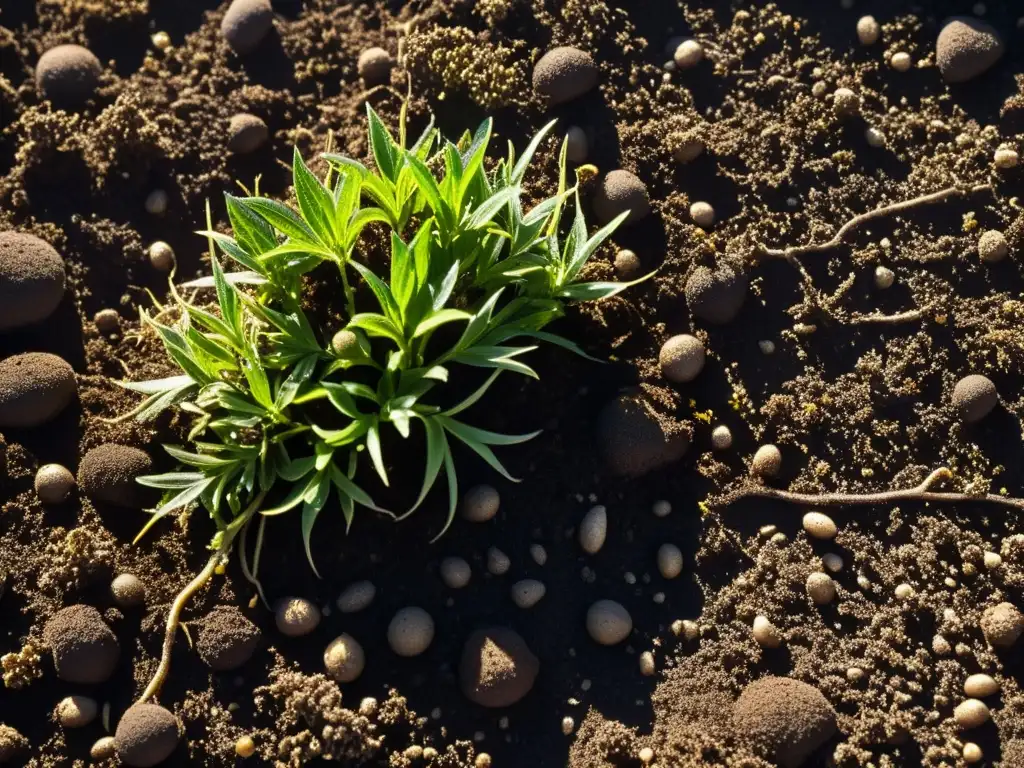 Un suelo orgánico rico y oscuro teñido con el efecto del compost, rebosante de vida microscópica y raíces entrelazadas