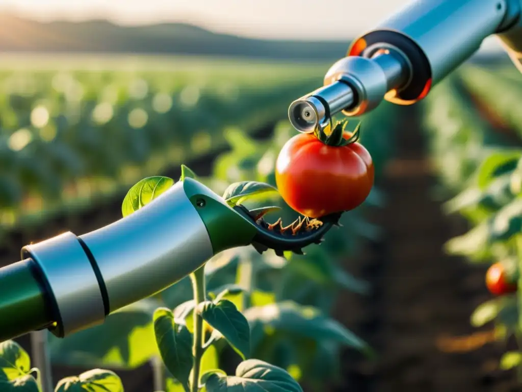 Un robot agrícola blanco sujeta con precisión un tomate rojo en un campo orgánico, resaltando la robótica en la agricultura orgánica