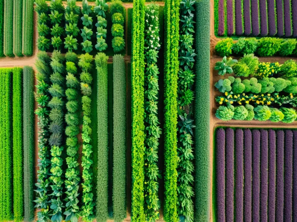 Producción sustentable de cultivos orgánicos en una colorida y detallada granja orgánica, con cultivos ordenados en armonía y belleza natural