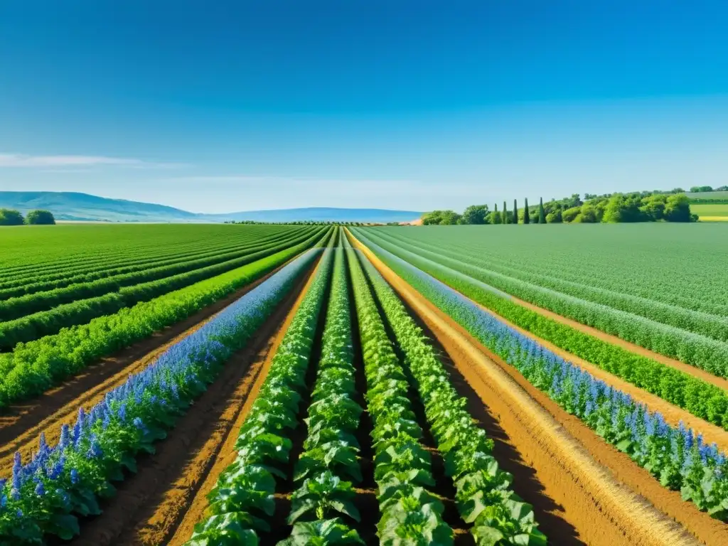 Producción sustentable de cultivos orgánicos: granja orgánica con campos verdes y flores silvestres bajo el cielo azul