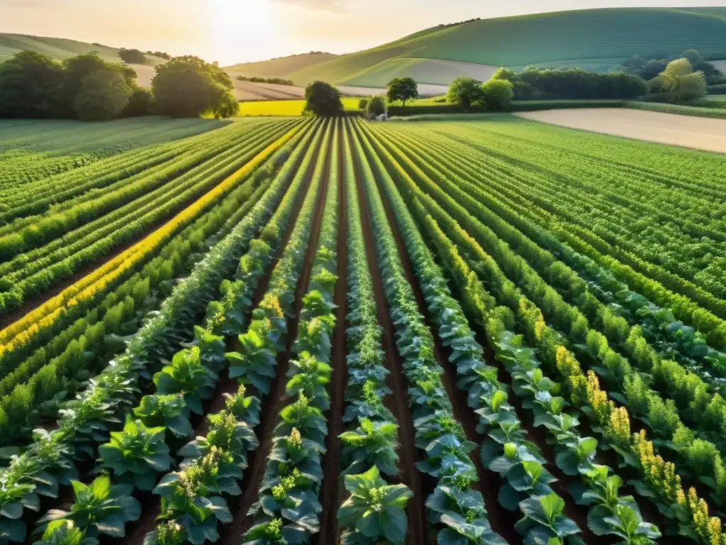 Producción sustentable de cultivos orgánicos en una granja orgánica, con campos verdes y vibrantes bajo el cálido sol, creando una escena idílica y serena