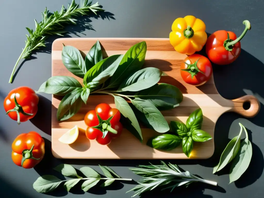 Tabla de madera con hierbas y vegetales frescos, evocando una atmósfera culinaria orgánica y serena