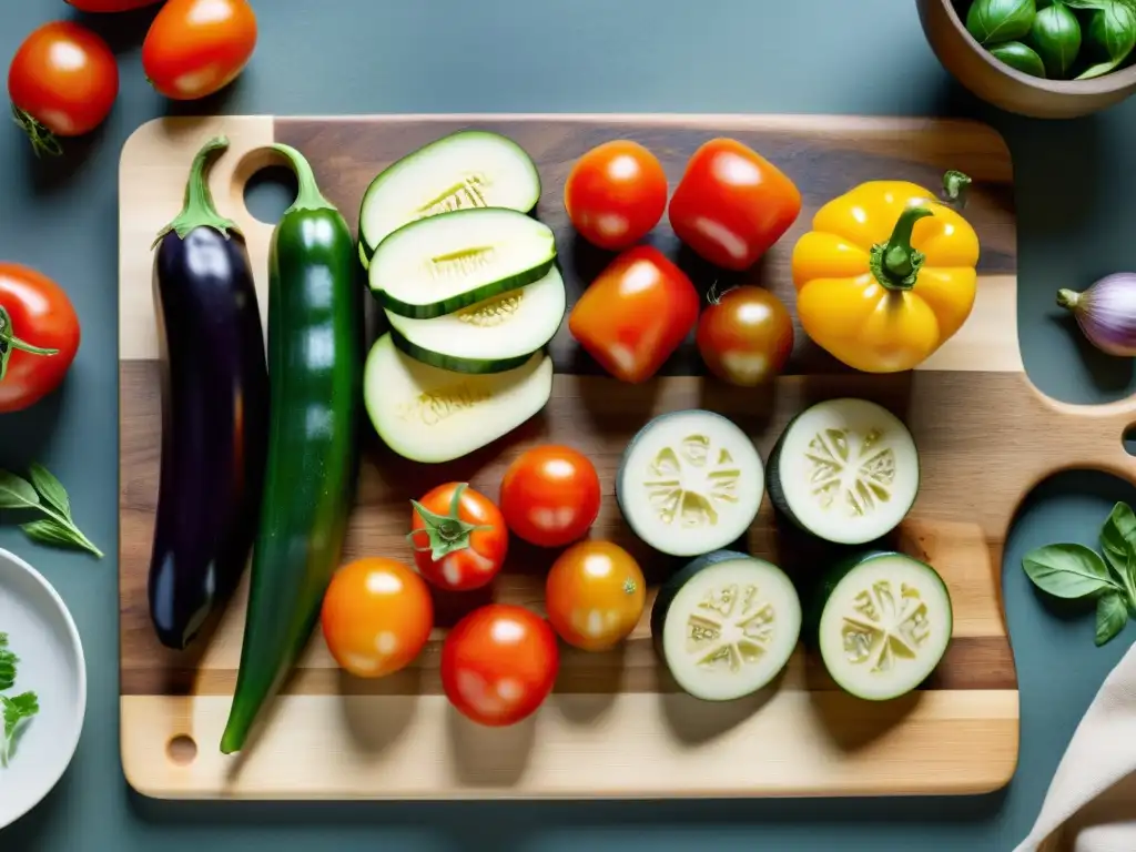 Tabla de cortar de madera rústica con ingredientes orgánicos frescos para receta ratatouille