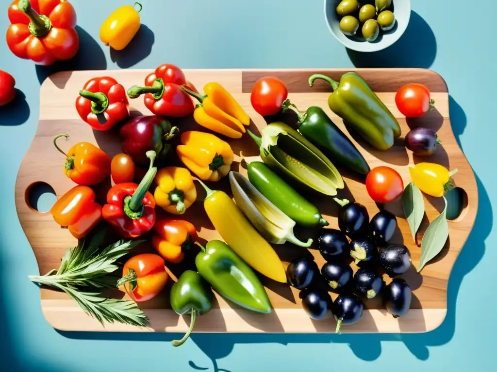 Una tabla de madera con tapas mediterráneas orgánicas, coloridas y frescas, resaltando la belleza natural de los ingredientes