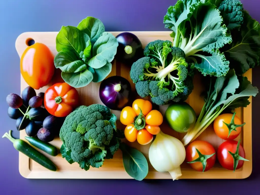 Una tabla de cortar de madera con vegetales orgánicos coloridos, resaltando la belleza de recetas tradicionales orgánicas rescatadas