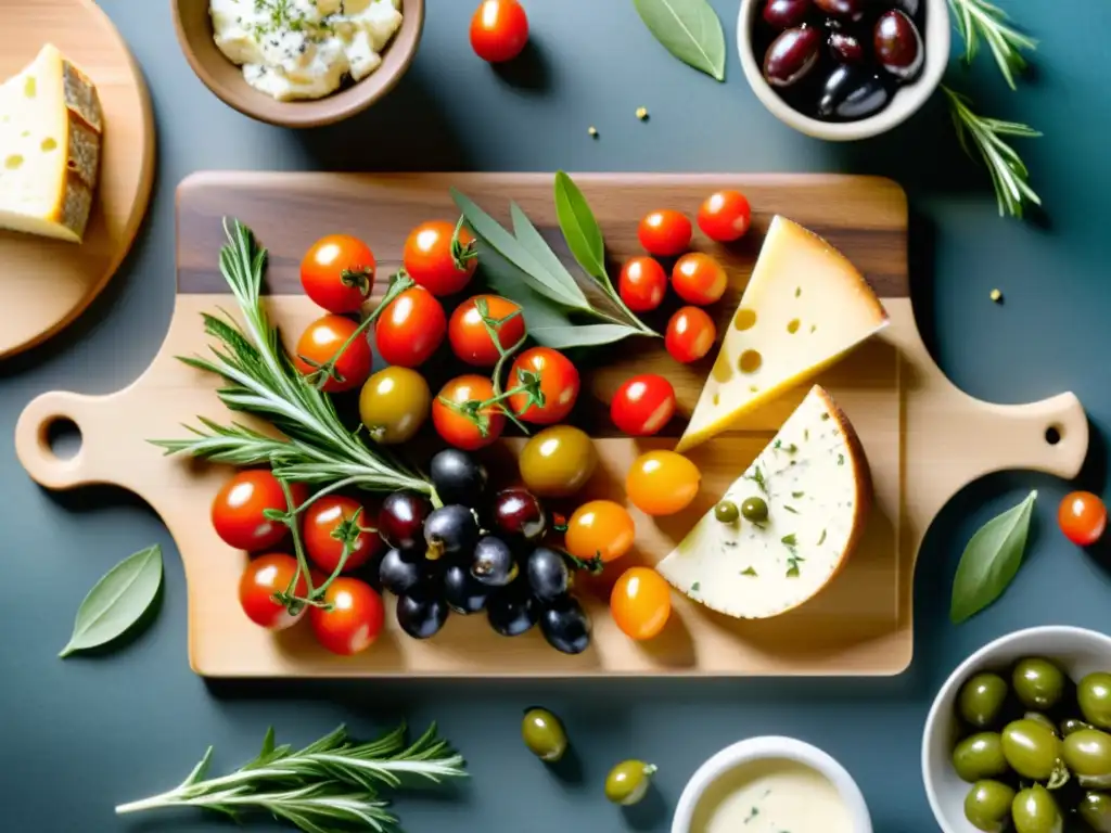 Tablero de aperitivos orgánicos con tomates, quesos artesanales y aceitunas, perfecto para ideas aperitivos orgánicos reunión