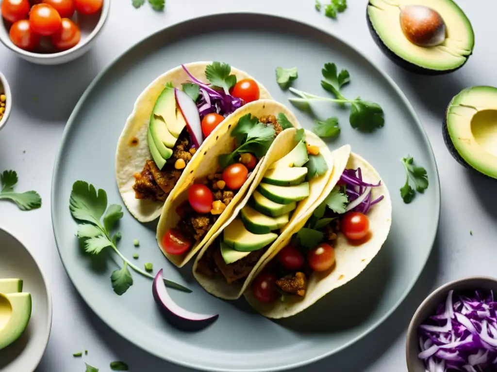 Tacos de ingredientes orgánicos sostenibles: una obra de arte culinaria con aguacate, tomate, col morada y cilantro sobre un fondo blanco