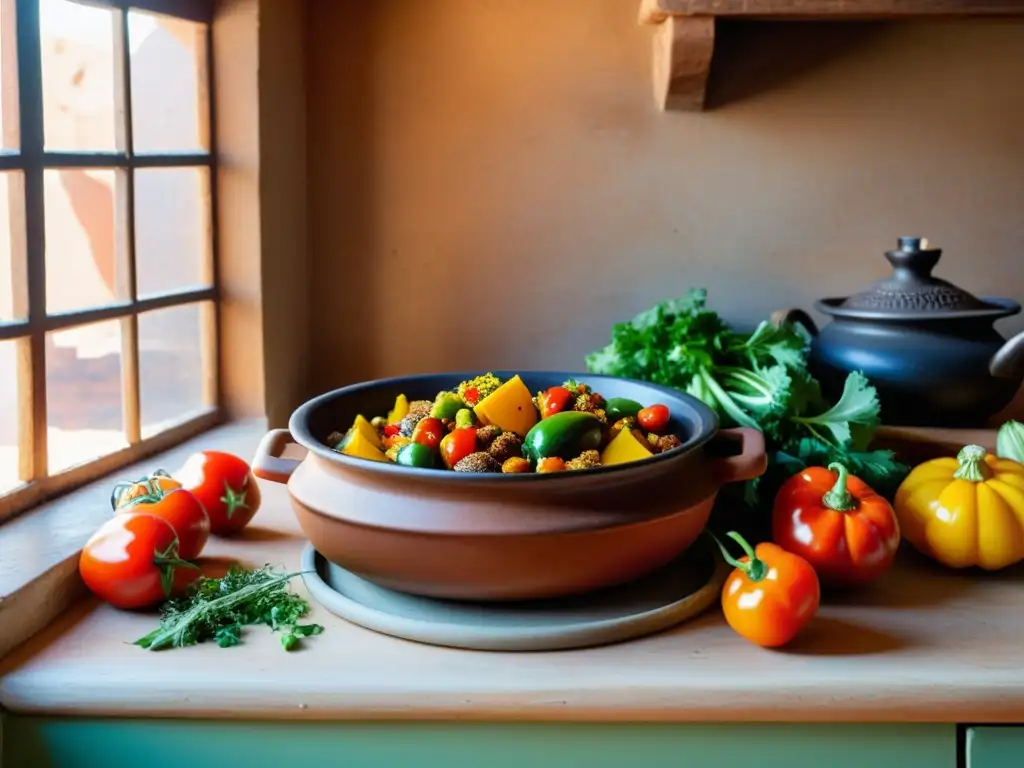 Un tagine marroquí lleno de ingredientes orgánicos coloridos, en una cocina rústica iluminada por luz natural