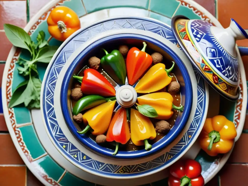 Un tagine marroquí tradicional rebosante de ingredientes orgánicos, en una escena visualmente cautivadora