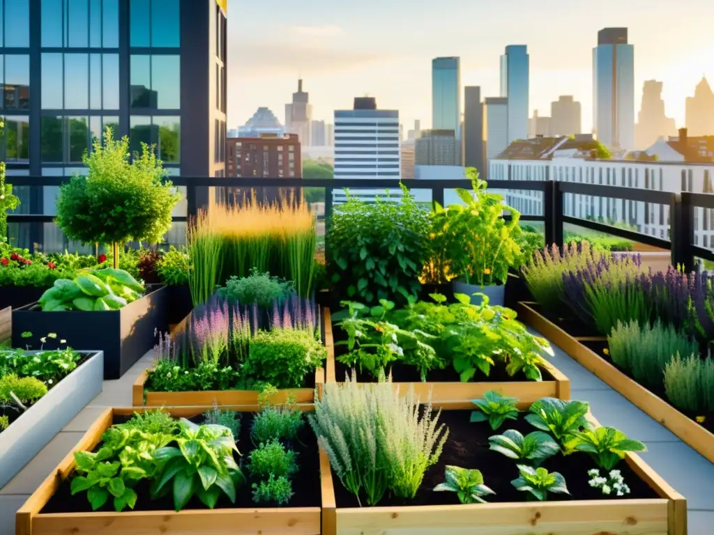 Talleres de cultivo orgánico en espacios reducidos: Hermoso jardín urbano con plantas exuberantes y vegetales coloridos, bajo la cálida luz del sol