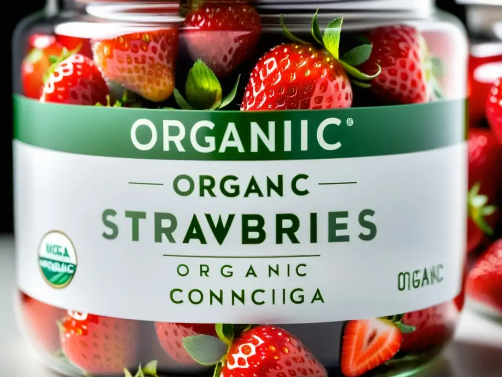 Tarro de cristal con fresas orgánicas frescas y brillantes, transmitiendo transparencia y confianza en el etiquetado de alimentos orgánicos