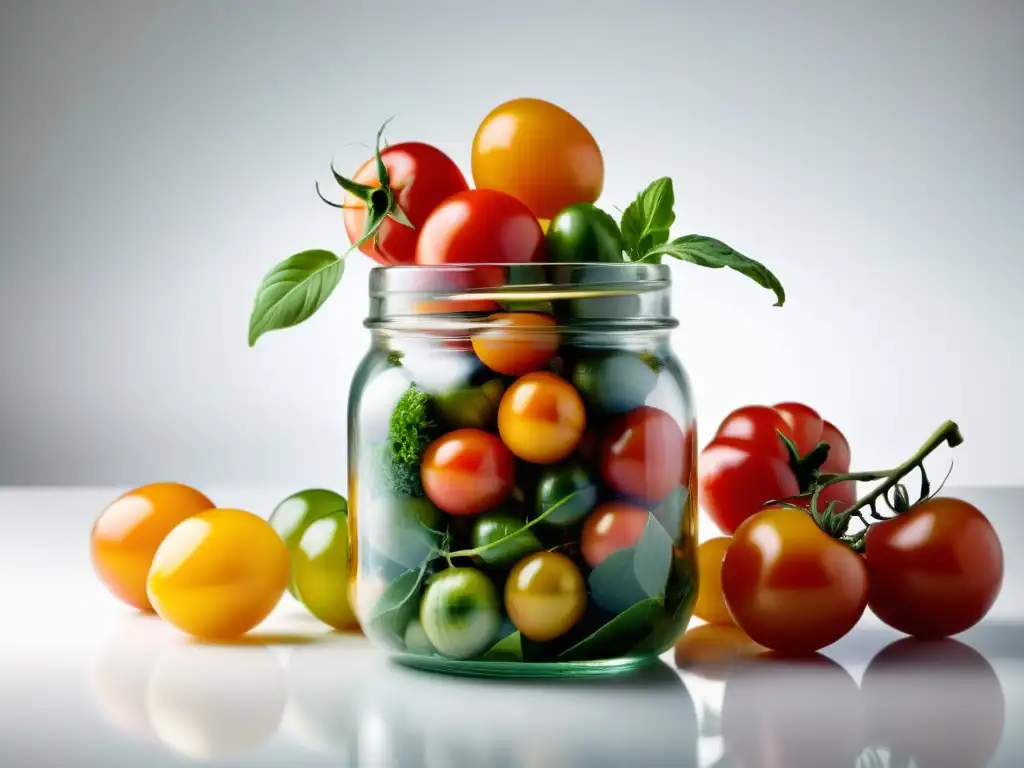 Un tarro de cristal transparente rebosante de productos orgánicos frescos y coloridos, evocando transparencia en el etiquetado de alimentos orgánicos