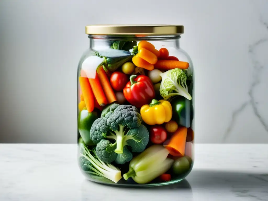 Tarro de vegetales fermentados orgánicos con burbujas en brine, sobre mármol blanco