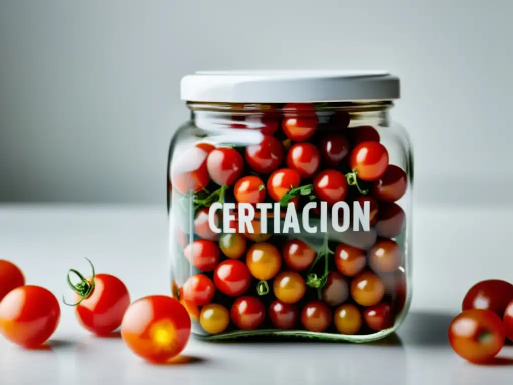 Tarro de vidrio con tomates orgánicos, luz natural crea atmósfera pura