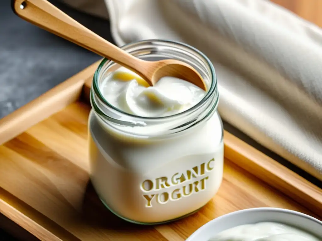 Tarro de yogurt orgánico probiótico casero con cuchara de madera, reflejando luz natural, resaltando los beneficios probióticos en dieta orgánica